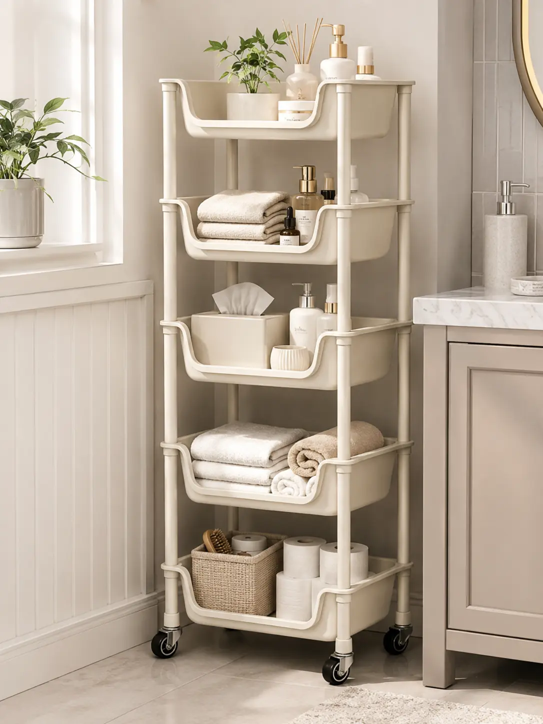 Rolling Utility Cart with Durable Frame - 33 in Multi-Layered Home Organizer with Baskets for Room Organization, Office, Kitchen Storage Holders & Racks, Slim Vertical metal