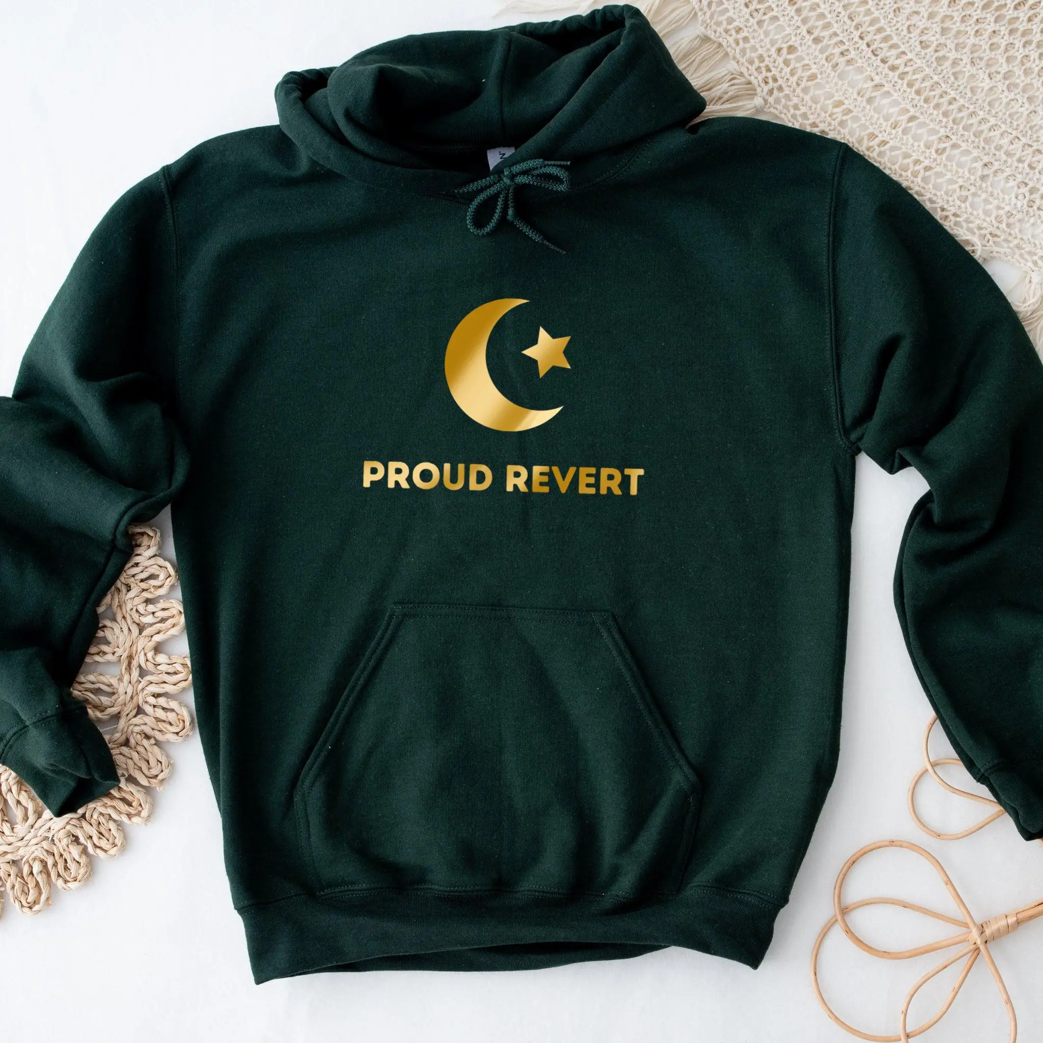 GOLD Proud Revert Hoodie by Humraha | Desi Arab Muslim Fashion Apparel Gifts for Ramadan Eid Nikkah Wedding Couples Families New Moms Aunts Uncles Grandparents | Pakistan India Bangladesh Palestine Lebanon Egypt Syria