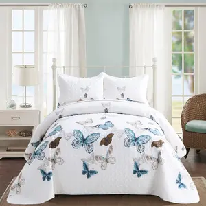 Kindred Home Queen Quilt Set Bedspread 3-Piece - Summer Lightweight Microfiber White Bedspreads Butterfly Pattern Print Suitable for All Seasons. (1 Quilt, 2 Pillow Shams)