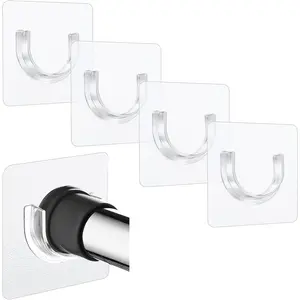 4 Pack Shower Rod Holder with  Adhesive No Drilling Shower Curtain Rod Holder Clear Bar Holders Sticky Tension Hook Liner Support Mount Sticker Heavy Duty Wall Hold Tool Fit