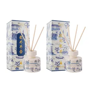 SONG CHAO No Fire Aromatherapy Diffuser Set Blue and White Porcelain Natural Soy Wax Fragrance Healing West Lake Longjing + Osmanthus Longjing 120ml x 2