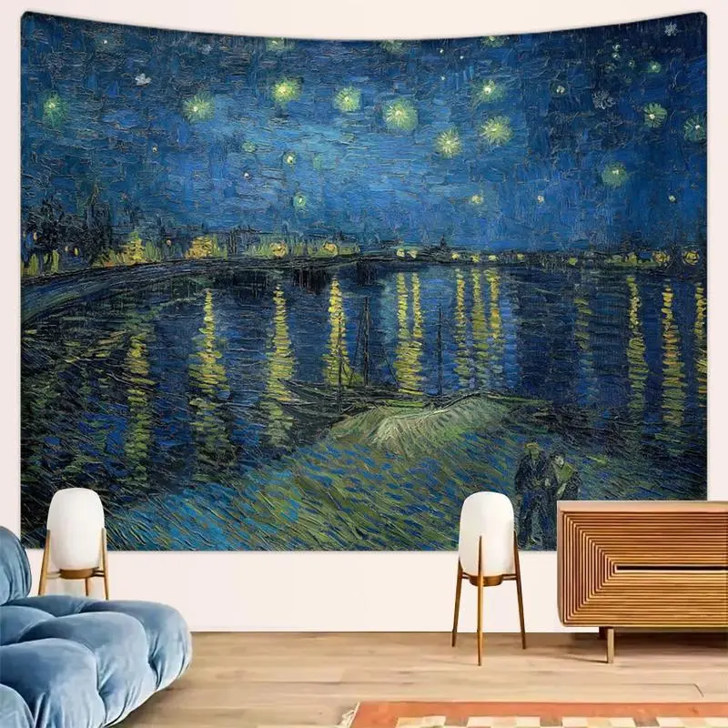 summerwins Large Starry Sky Oil Painting Tapestry Wall Mural, 1-Count Vintage Night Scene Starfield Rectangular Wall Hanging Textile, Indoor Bedroom Living Room Home Decor