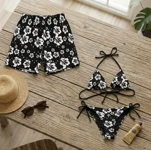 Black White Hibiscus Floral Bikini Set with Matching Hawaii Shorts, Summer Beach Outfit