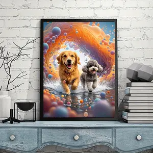 5D Diamond Painting Kit: Golden Retriever and Poodle Running in Bubble Arch - Fantasy Pet Art, Full Drill Rhinestone Embroidery, Colorful Wall Decor for Dog Lovers (13.8x17.7 Inch)Frameless