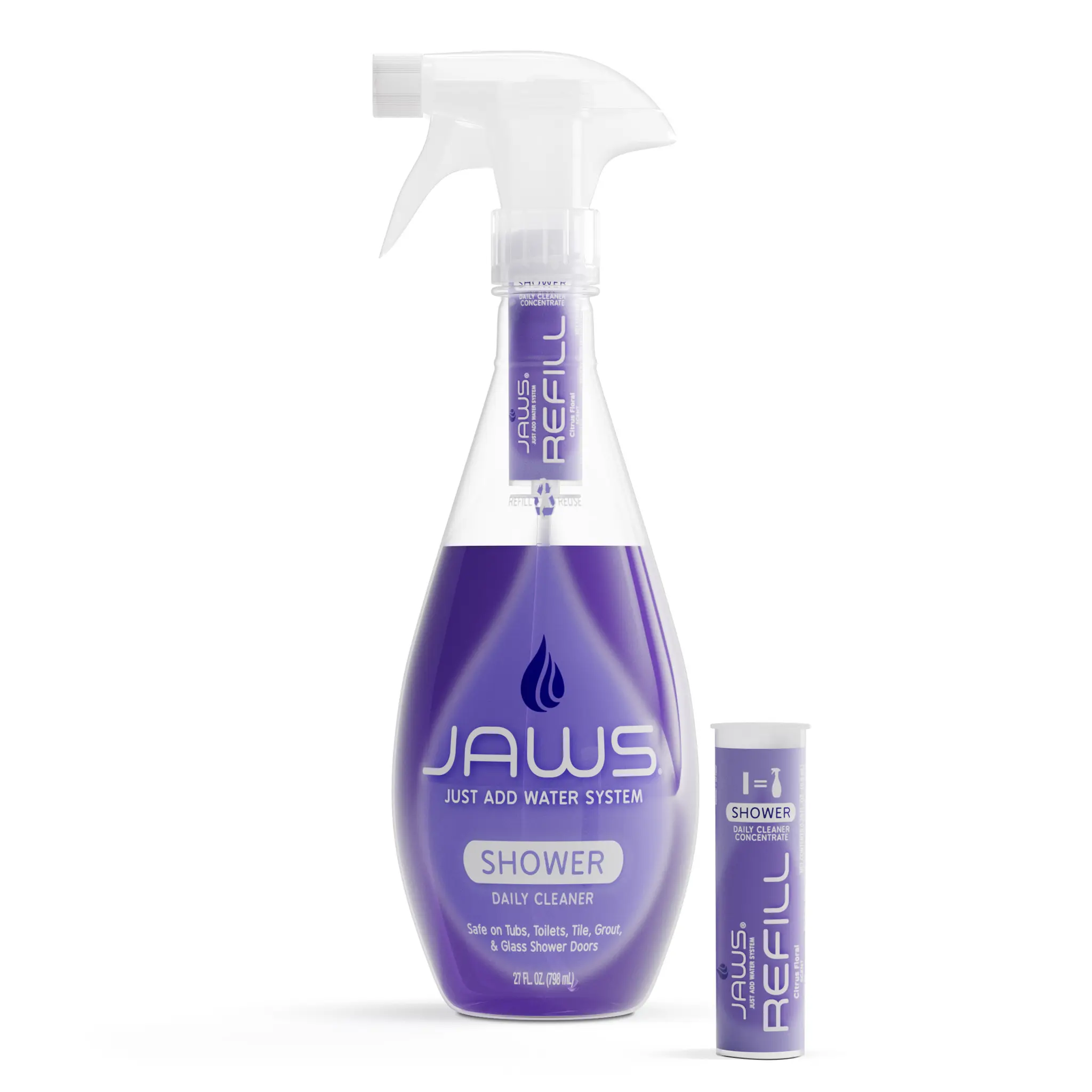 JAWS Shower Cleaner Bottle with 2 Refill Pods - Eco-Friendly Refillable System - Streak-Free - Citrus Floral Scented