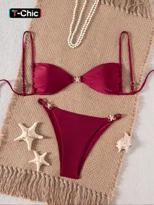 Two-piece Set Women's Starfish Decor Bikini Set, Bikini Outfits, Casual Chic Swimsuit for Beach Holiday Vacation, Ladies Summer Clothes, Spaghetti Strap Bikini, Solid Ruched Bikini