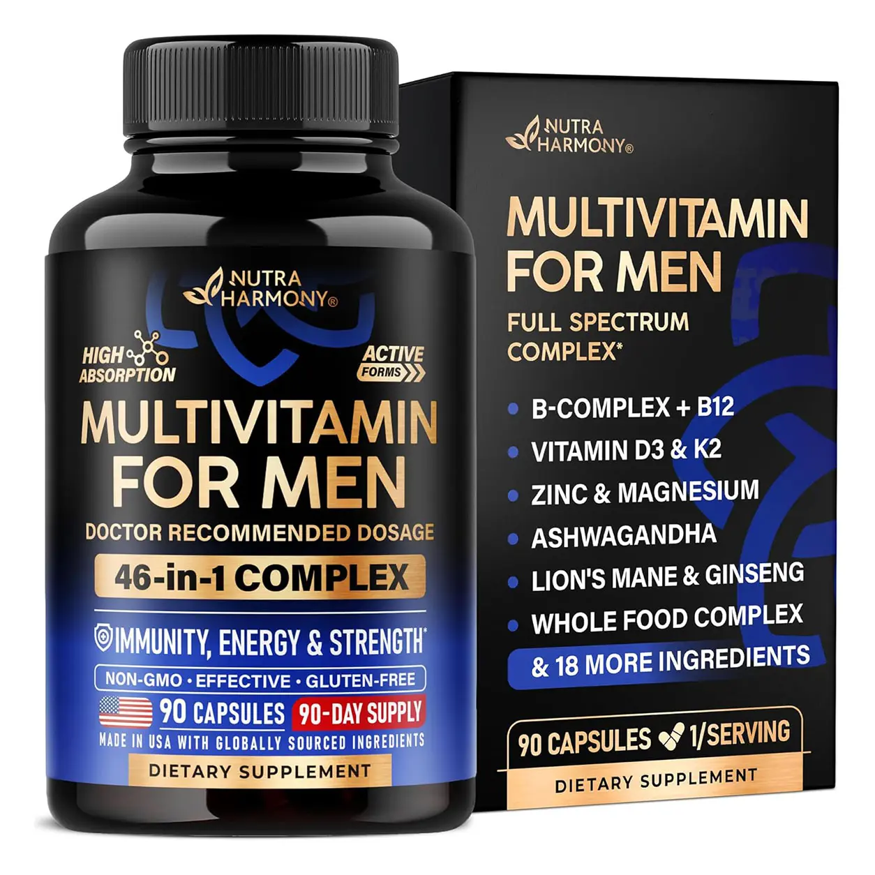 Multivitamin for Men - B-Complex | Whole Foods & Enzymes - Energy, Focus & Brain | Men's Health Complex - 46in1 Mens Multivitamin - Bioavailable & Gentle on Stomach - Lab Tested - 90 Capsules, 1/Day