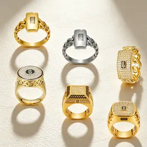 Men's Iced Out S Logo Stainless Steel Ring - 14K Gold Plated Cuban Link Zircon Signet Ring for Hip Hop Style