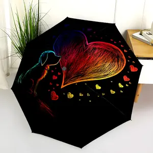 1 PC Automatic Folding Umbrella - Rainbow Heart and Dog Silhouette Pattern, Portable & Foldable Design with 8 Ribs, Merry Christmas Pattern,Casual Outdoor Accessory Halloween and Christmas Birthday Gifts. A0072