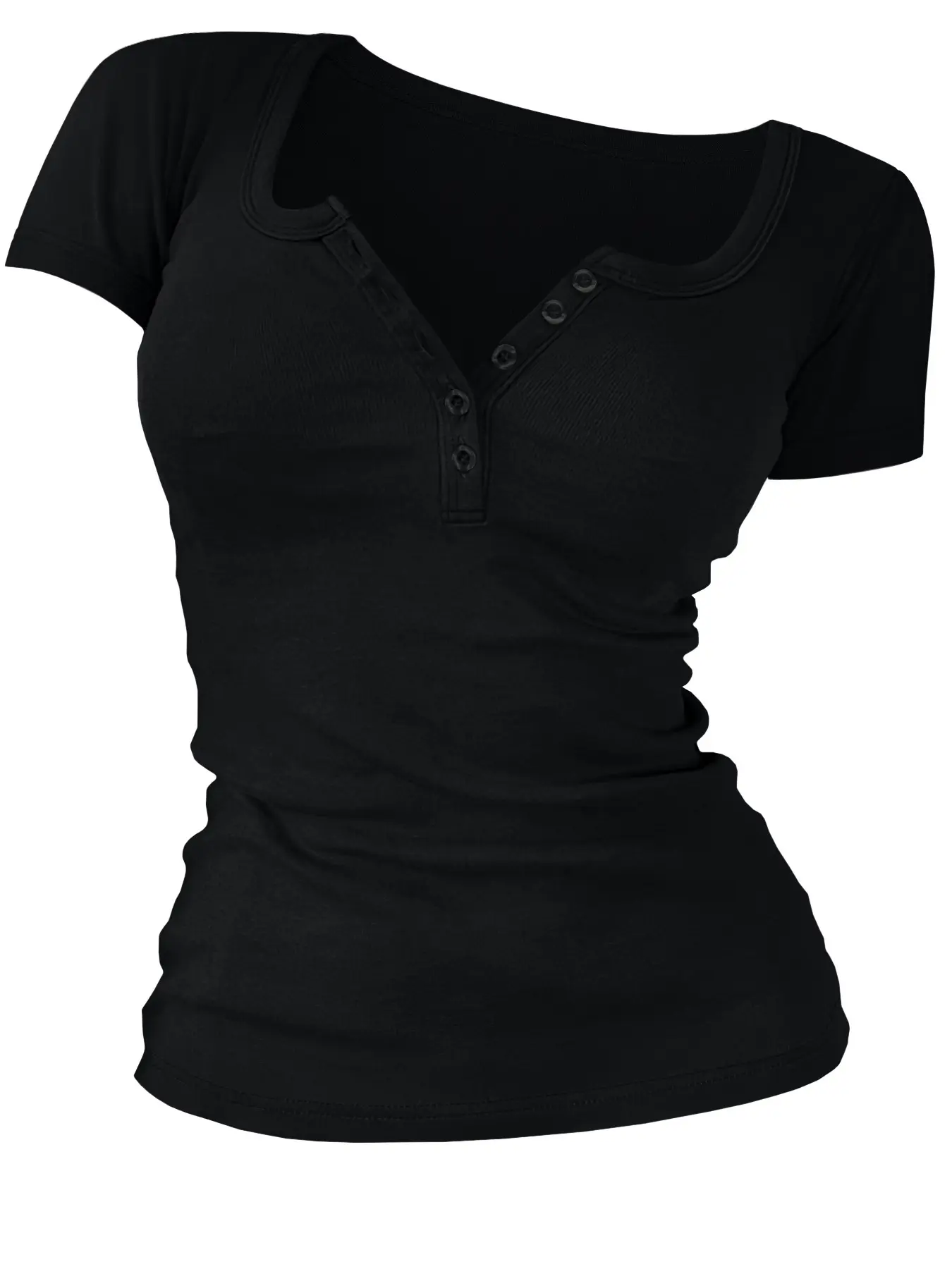 Women's Solid Color Button V-Neck Tee, Casual Short-Sleeve T-Shirt Top for Summer Daily Wear, Ladies Clothes Women's Solid Color Button V-Neck Tee, Casual Short-Sleeve T-Shirt Top for Summer Daily Wear, Ladies Clothes