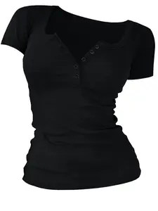 Women's Solid Color Buttons V Neck Basic Tee, Casual Short Sleeve Fitted T-shirt for Summer, Ladies Clothes for Daily Wear, Top
