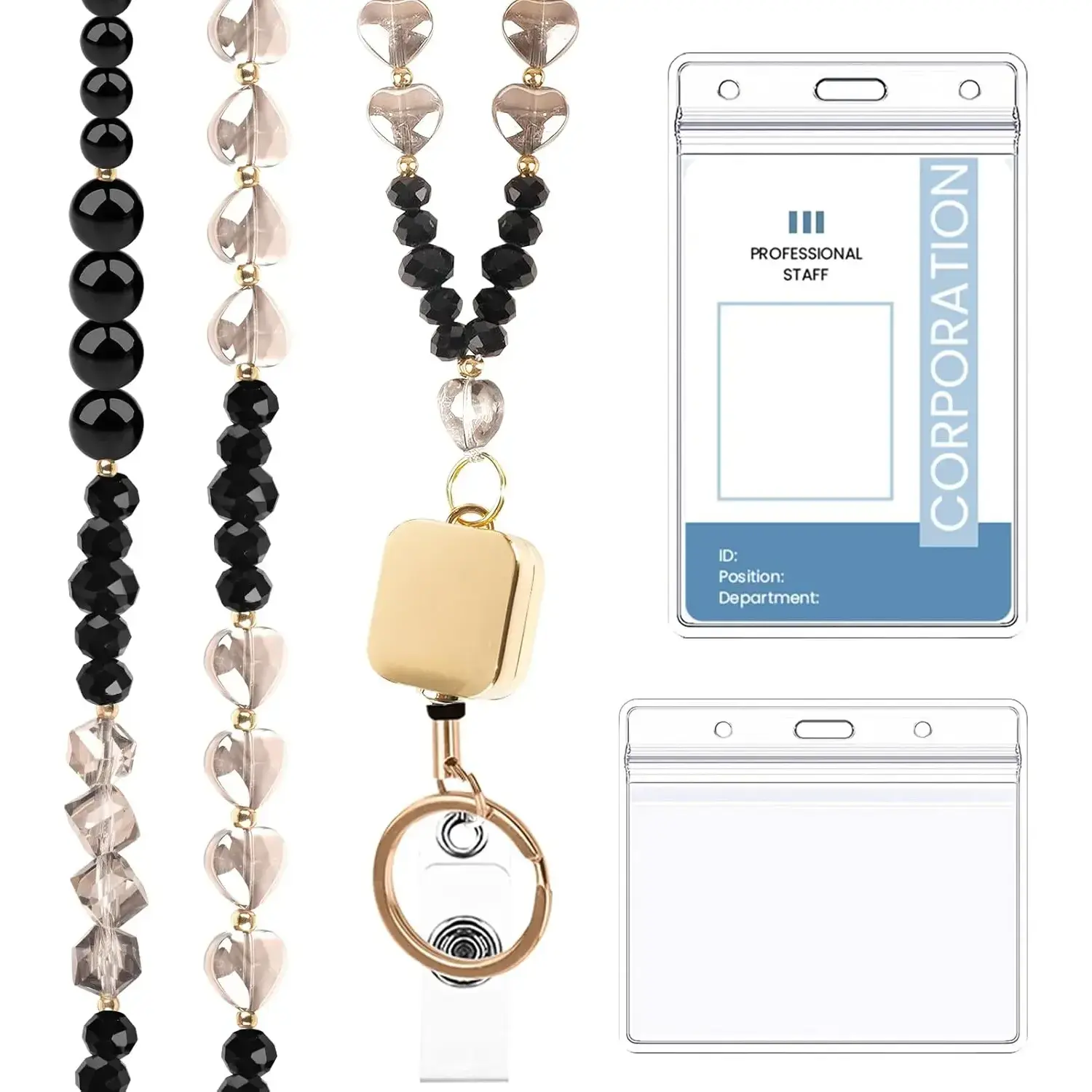 Natural Stone Beaded Lanyard for ID Badges - Women's Office Staff Lanyard with ID Holder, Breakaway Clip, Retractable Design