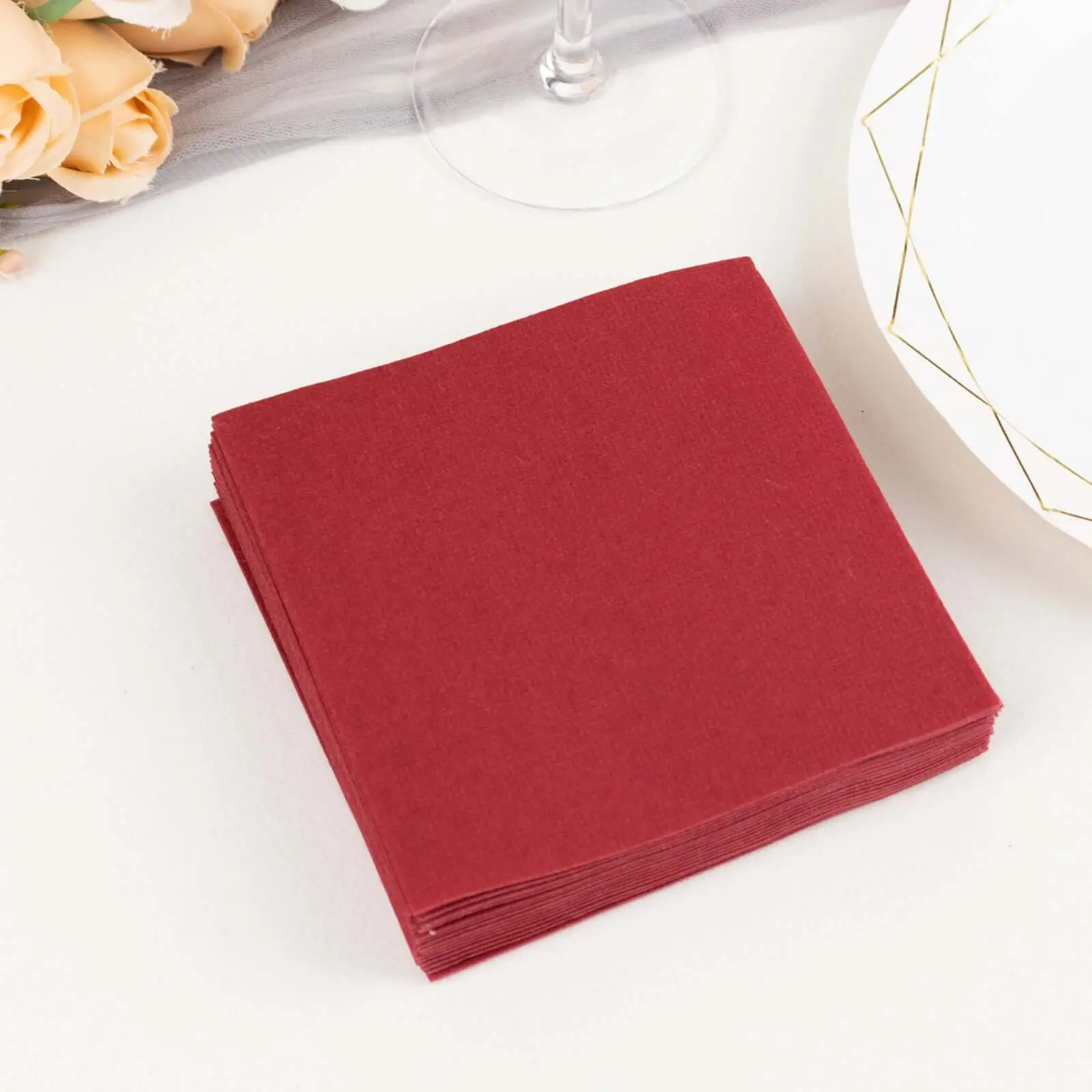 20-Pack Linen-Like Paper Napkins - 5"x5" Burgundy Airlaid Cocktail Tableware, Soft Disposable Single-Use Napkins for Birthday, Restaurant Home Festive Party Supplies