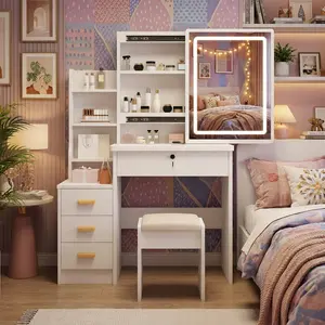 Vanity table set with mirror and lights, featuring three adjustable lighting modes. The vanity table includes a sliding mirror, four drawers, and five shelves, along a padded stool. Suitable for bedrooms, in white
