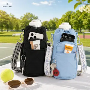Water Bottle Carrier Bag with Strap, Fits 16-40oz Bottles, Crossbody Water Bottle Purse with Phone Pocket, 4 Pockets, Waterproof, Hands-Free for Walking, Hiking & Travel
