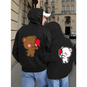 Couple's Matching Cartoon Bear Heart Graphic Zip-Up Hoodie 100% Polyester 250gsm Front Pockets Machine Washable Fall Winter Warm Casual Pullover