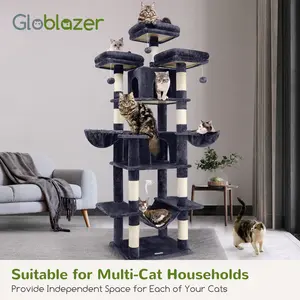Big Cat Tower for Indoor Cats, 80in Cat Tree for Multiple Adult Cats with Scratching Post, Hammock, 3 Perches and 2 Condos