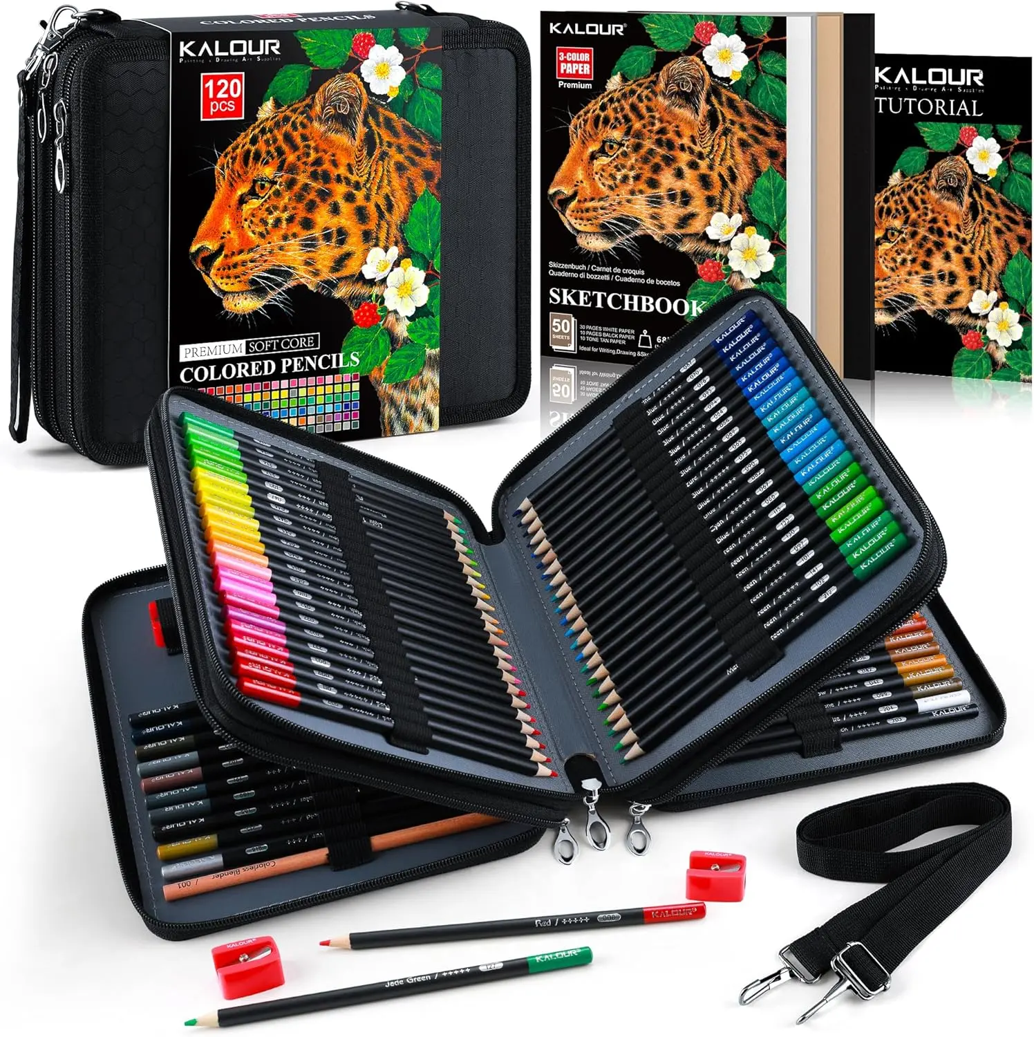 KALOUR 120 Colored Pencils Set with Carry Case, Sketchbook, Blender, Sharpeners & Color Chart, Oil-Based Soft Core,Professional Art Supplies for Adults and Artists