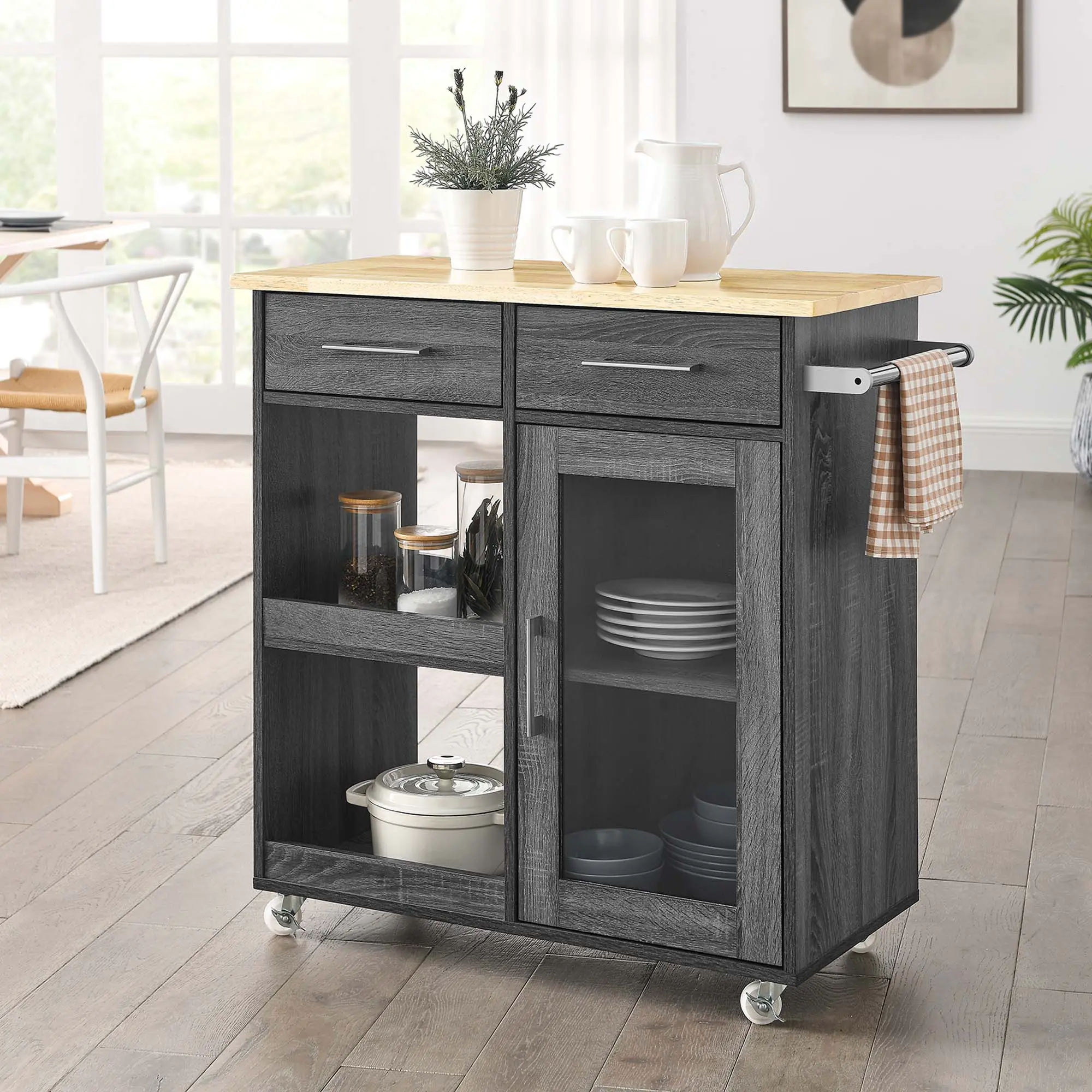 Modway Culinary Kitchen Cart with Towel Bar, Charcoal Natural - DIY Assembly, Multi-Shelf Rolling, Modernist, Drawers and Cubbies, Non-Foldable Indoor Furniture (Shelves & Racks), Diy Assembly Kitchen Furniture, Multi-Shelf Rolling Kitchen Furniture