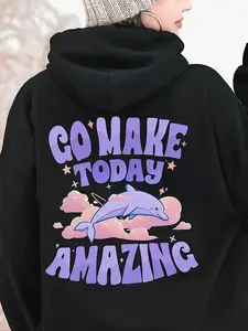 【Plus Size】 Cartoon Dolphin & Letter Print Drop Shoulder Thermal Lined Hoodie, Fashion Casual Drawstring Pocket Hooded Sweatshirt for Daily Holiday Outdoor Wear, Women Clothing for Fall & Winter