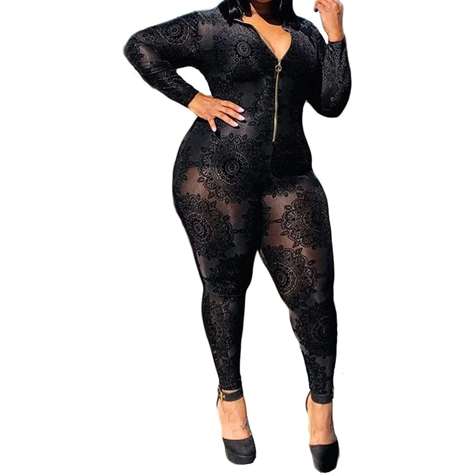 Women'S Sexy plus Size See through Jumpsuit Sheer Mesh Bodycon Floral Jumpsuit plus Size Clubwear Rompers
