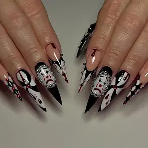 Harlequin Gothic Stiletto Press On Nails | Creepy Clown Nail Art | Black, White & Red Diamond Design | Blood Drip Accents