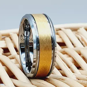 Men's Womens Tungsten Wedding Band Engagement Ring 8mm Yellow Gold IP Plated Wire Brushed Finished Center High Polished Stepped/Beveled Edge