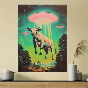 1 Piece "Alien UFO Cow Abduction" Fun Retro 1950s Style Vintage Wall Art Canvas High-Definition Print Poster, Ideal Gift for Bedroom, Office, Bathroom, Home Wall Decoration, Frameless