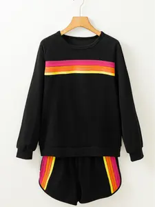 Black Striped Accent Pullover and Shorts Two Piece Casual Set Arrives in 12 to 15 days