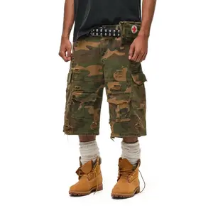 Distressed camouflage stone-washed cropped pants, American ripped cargo loose denim shorts