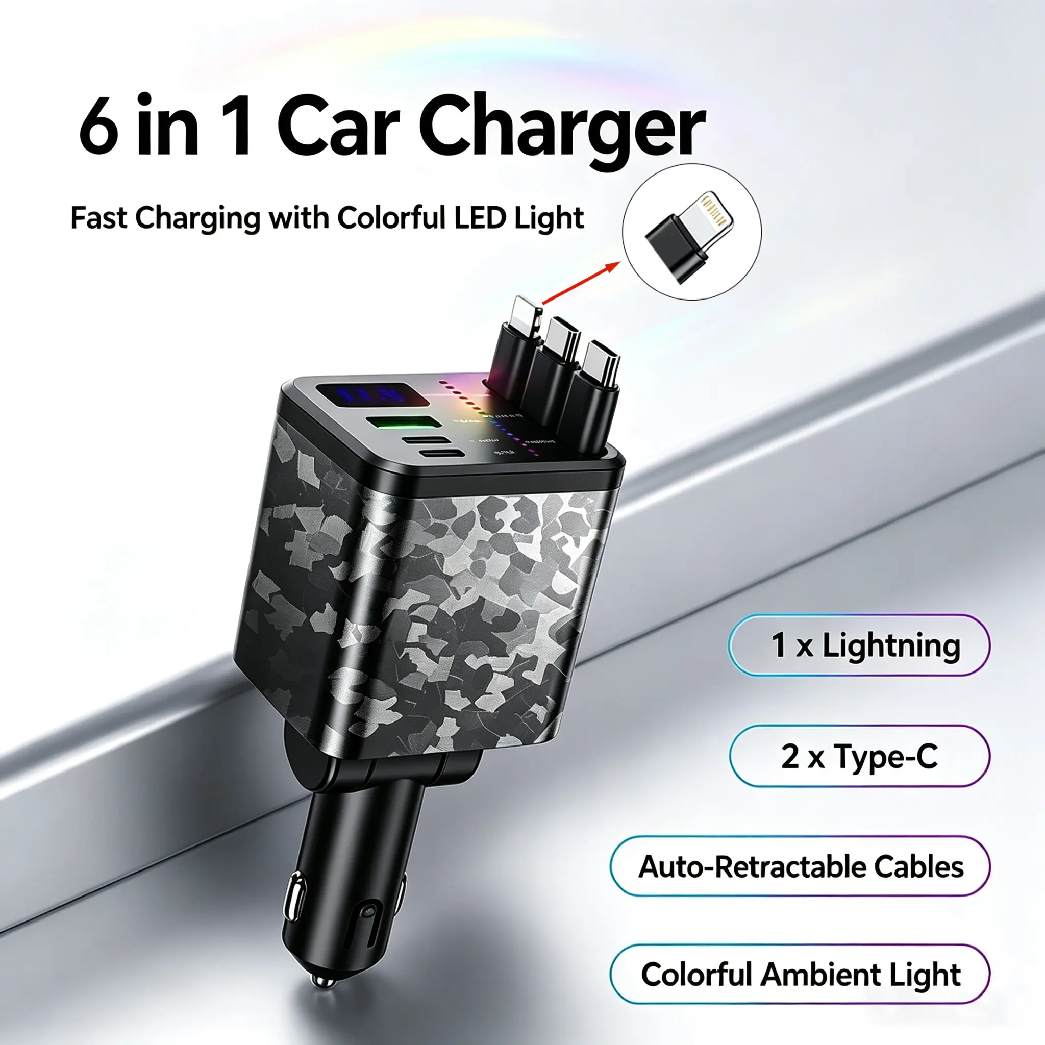 6-in-1 Car Fast Charger with 3 Retractable Cables, 180° Adjustable Arms, LED Digital Display, Multicolored Ambient Lighting, Compact and Stylish Design for iPhone and Type-C Devices
