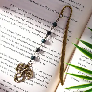Bookmark Brass Metal Copper Book Mark with Dragon and Bead Chain Pendant-Fantasy Book Marks for Reading Women, Men, Book Lovers, Girls, Teens, Teachers and Students  Bookmarks