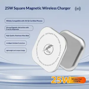 Square Magnetic Wireless Charger Qi2.2, Strong Magnet Ultra-Thin, 25w Fast Charging, Aluminum Shell, 1m Braided Cable, Compatible with Apple Phones