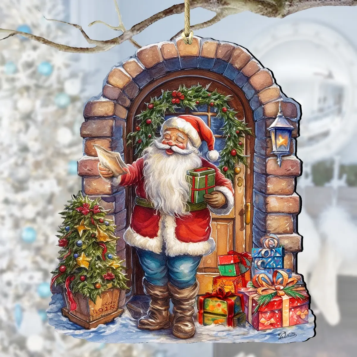 Designocracy 8611045 Handmade UV-Coated Wooden Artistic Christmas Ornaments Collectibles, 5x5.5x0.25 in Santa & Snowman Decor, Home Holiday Decoration, Gifting Supplies with Gift Bag