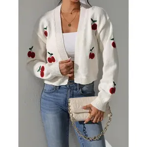 [Cherry Embroidered Cardigan] Casual Cherry Embroidered Crop Knit Cardigan - Open Front Lantern Sleeve Sweater - Women's Clothing