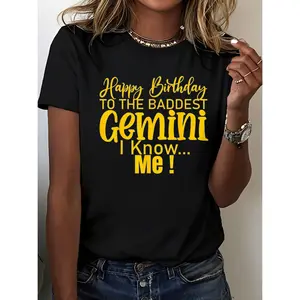 Women's Happy Birthday Gemini Graphic Print Short Sleeve Crew Neck T-Shirt 100% Cotton