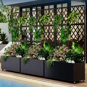Steel Raised Garden Bed with Trellis & Privacy Screen - Planter Box w/Lockable Casters, Drainage Holes for Vines, Vegetables on Patio, Deck, Yard, Black