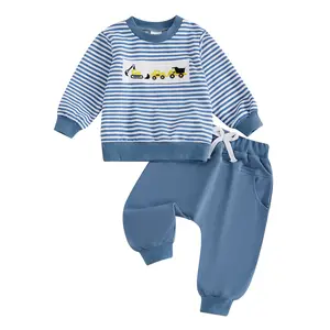 Toddler Baby Boy Two Piece Outfits Construction Truck Long Sleeve Striped Sweatshirt Tops Jogger Pants Fall Winter Country Farm Clothes