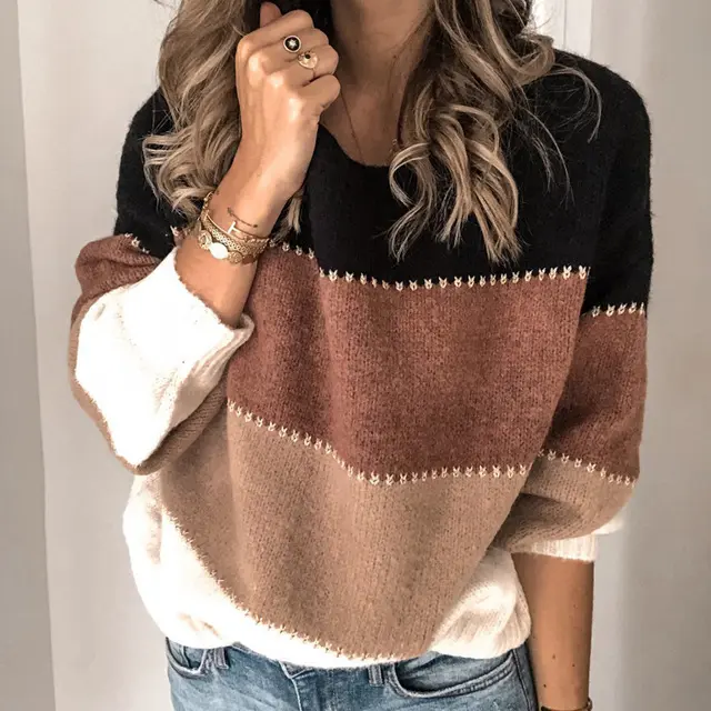 Women Color Block Pullover Sweaters Casual Long Sleeve Crewneck  Patchwork Knit Sweatshirts Tops Spring Autumn Trendy Outfits