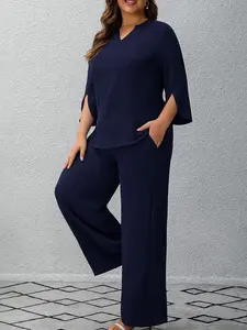 2-Piece Plus Size Women's Fashion Set, V-Neck Loose Seven-Foot Sleeve, Dual Pocket Wide Leg Pants, Suitable for Spring, Summer, Autumn