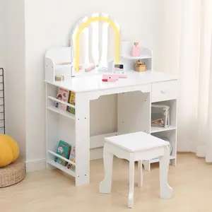 Garvee Children's Dressing Table with LED Mirror & Stool – Wooden Vanity Table for Girls with Shelf, Drawer & Compartments – Includes Accessories – Perfect for Children's Room – White with Accessories