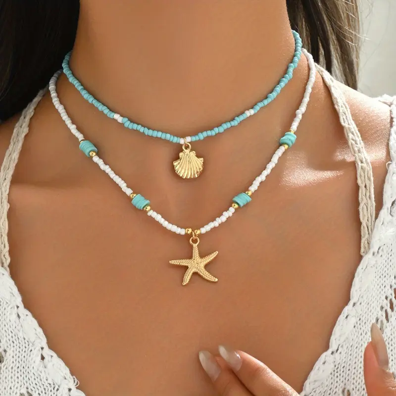 Bohemian Ocean Style Women's Jewelry Set - Turquoise Blue Pendant Necklace and Choker, Handmade Man-Made Alloy Starfish-Shaped Ocean-Themed Beaded Bracelet, Suitable for Beach Weddings, Parties, Easter, and Daily Wear, Mother's Day and Birthday Gifts