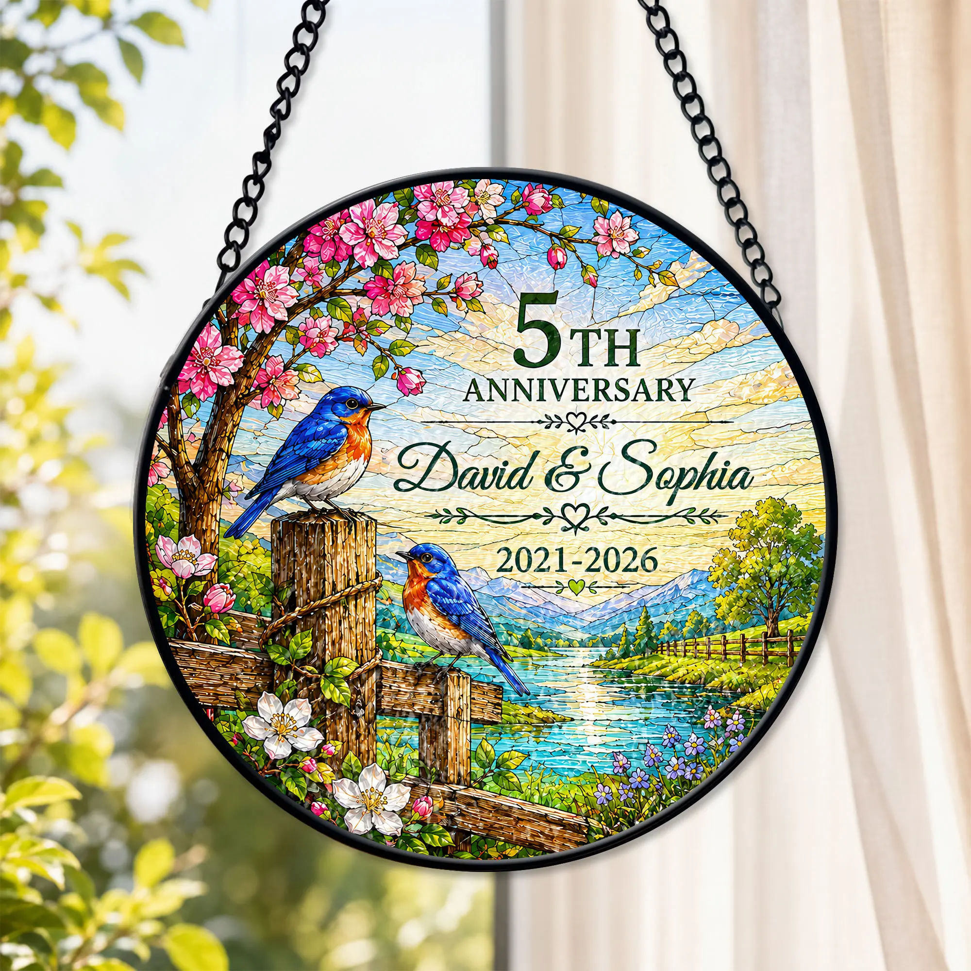 Personalized 5th Wedding Anniversary Faux Stained Glass Suncatcher, 5 Year Wedding Anniversary Gift for Husband and Wife, Custom Couple Names and Date Gift, Bluebird Floral Window Hanging Home Decor Keepsake, 5th Wedding Anniversary Glass Suncatcher
