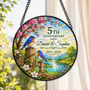 Personalized 5th Wedding Anniversary Faux Stained Glass Suncatcher, 5 Year Wedding Anniversary Gift for Husband and Wife, Custom Couple Names and Date Gift, Bluebird Floral Window Hanging Home Decor Keepsake, 5th Wedding Anniversary Glass Suncatcher