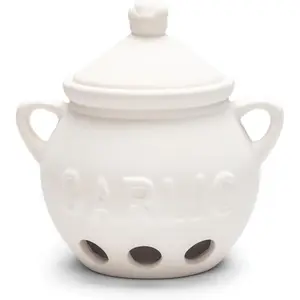 White Ceramic Garlic Keeper Storage Jar 5.25x4.25x5.5 Inch Airtight Container for Fresh Garlic Preservation