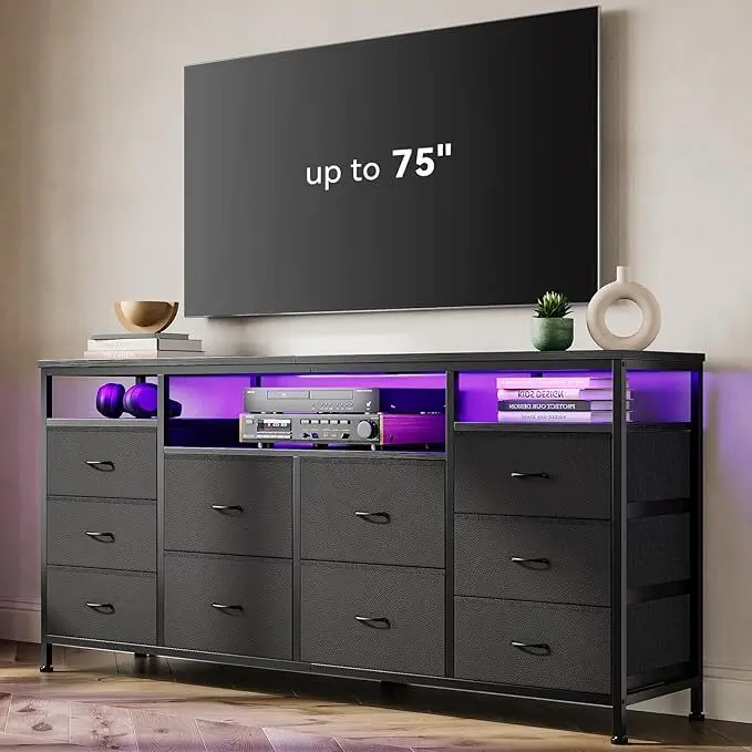 Sturdy Black Wood TV Stand - 63.3in TV Console Table with 10 Drawers, LED Lights, Power Outlets Charging Station, Lightweight Metal Frame, Freestanding, Fits 65/70/75in TVs, Living Room Indoor Furniture