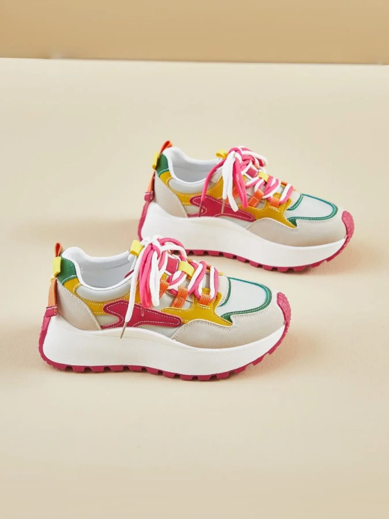 New Dopamine Colorblock Thick Sole Agony Sneaker Shoes for Women, Adjustable Laces, Comfortable Rubber Soles, All-Season Casual Footwear, Low Top Sneakers, Lace Up Sneakers