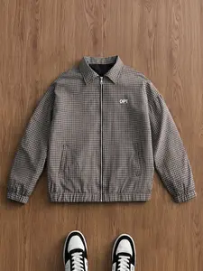 Men's 2-Pack Vintage Fine Checkered Harrington Jacket, Menswear, Chest Letter Embroidery, Zipper Closure, Elastic Cuff Trim, Turn-Down Collar Casual Lightweight Outerwear