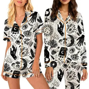 Witchy Things In Black And White Halloween Cat Satin Pajama Set, PJS Gift For Women, I Love Cat Witchy Sleepwear Party, Gift Nightwear