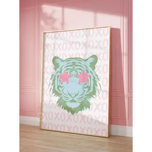 Tiger wall art preppy wall print sage green blue pink trendy poster College dorm decor girly Room decor for teen, xoxo tiger star, UNFRAMED
